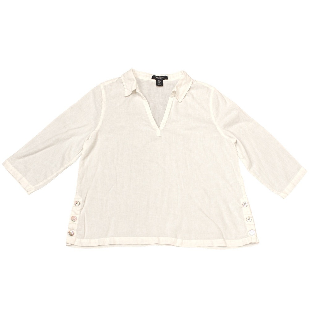 Tahari White 100% Linen V-Neck 3/4 Sleeve Side Button Tunic Top XL